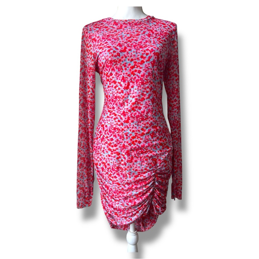 AFRM Mirza Dress Red Ditzy Abstract Ruched Bodycon Long Sleeve AFFM-WD419 XL